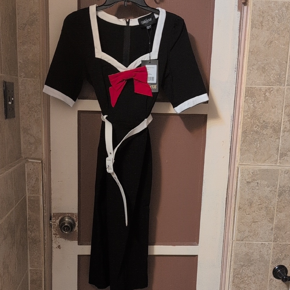 Collectif Black Dress with Red Accent and White Detail Vintage Style